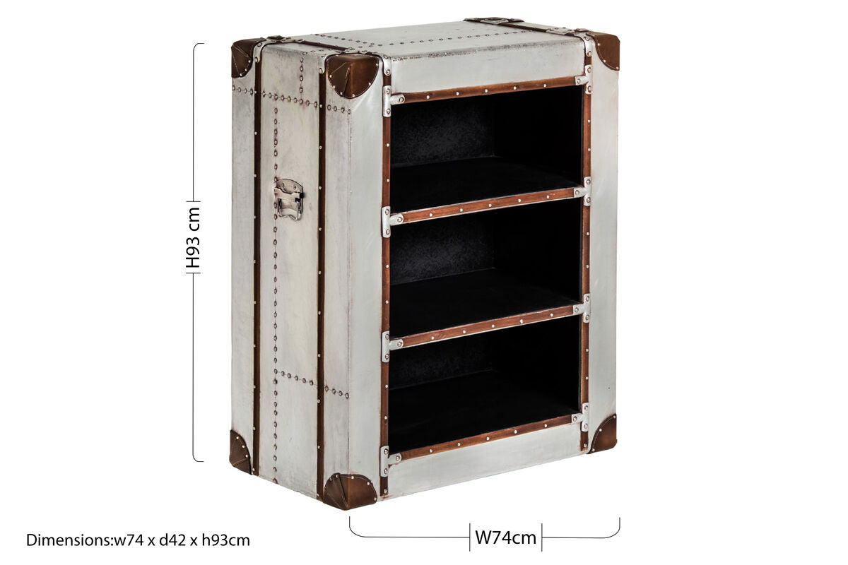 Vintage-style bookshelf with dimensions on a white background