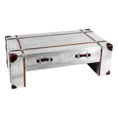Silver suitcase-style coffee table with brown accents on a white background