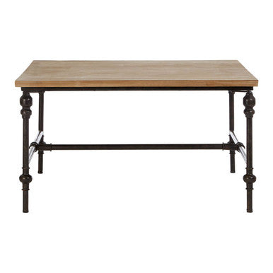 Small wooden table with metal legs on a white background