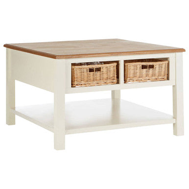 Square coffee table with wooden top and wicker basket storage on a white background