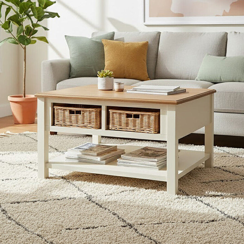 Living room with a gray sofa, coffee table, and decorative items.