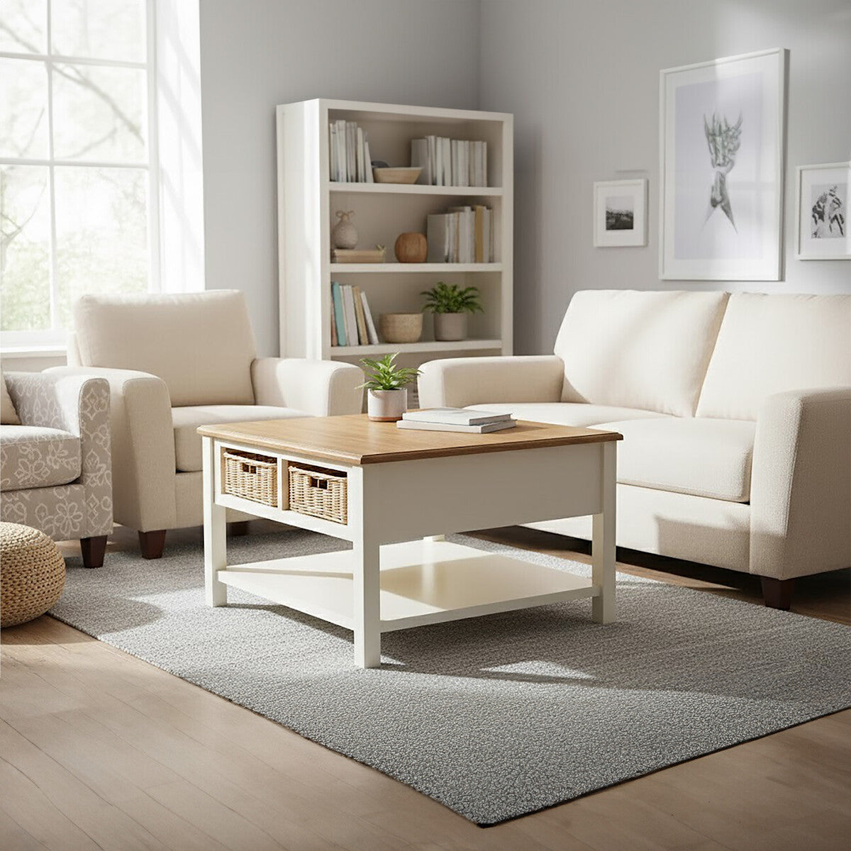 Living room with white sofa, armchair, and wooden coffee table.