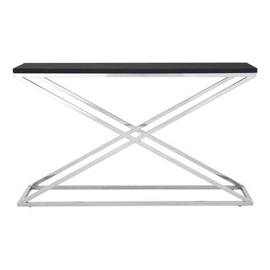 Console table with black top and silver metal frame on a white background
