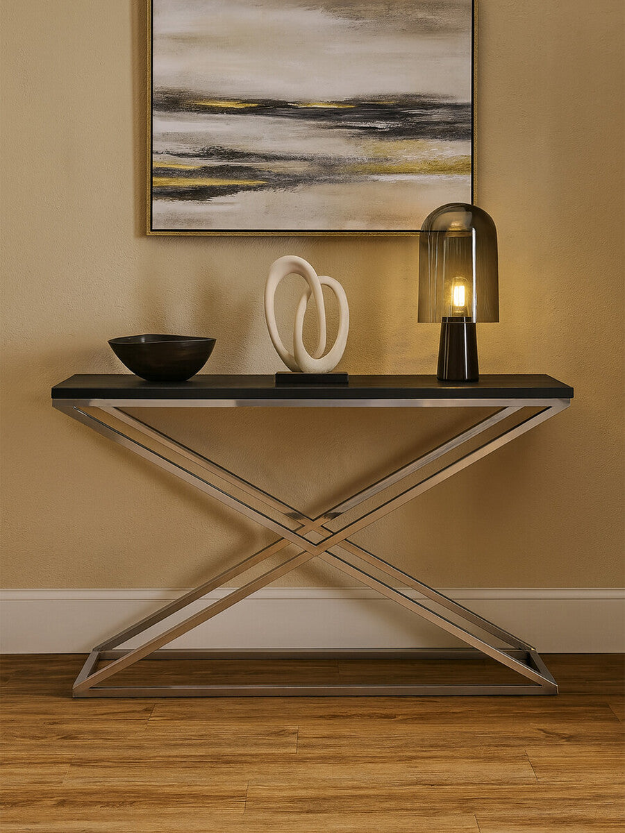 Black Leather Effect Top Console Table with Stainless Steel Criss Cross Frame, Tribute