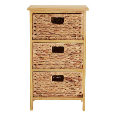 Wooden drawer unit with wicker-like texture on a white background