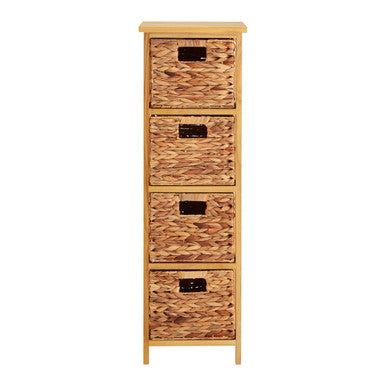 Tall wooden cabinet with four drawers on a white background