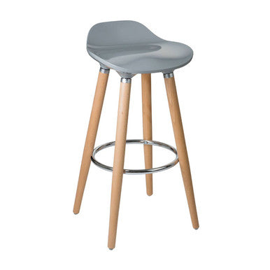 Bar stool with gray seat and wooden legs on a white background