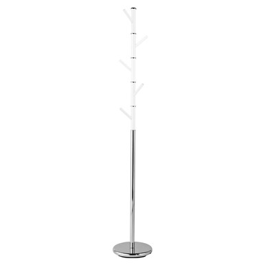 Chrome metal coat rack with multiple hooks on a white background