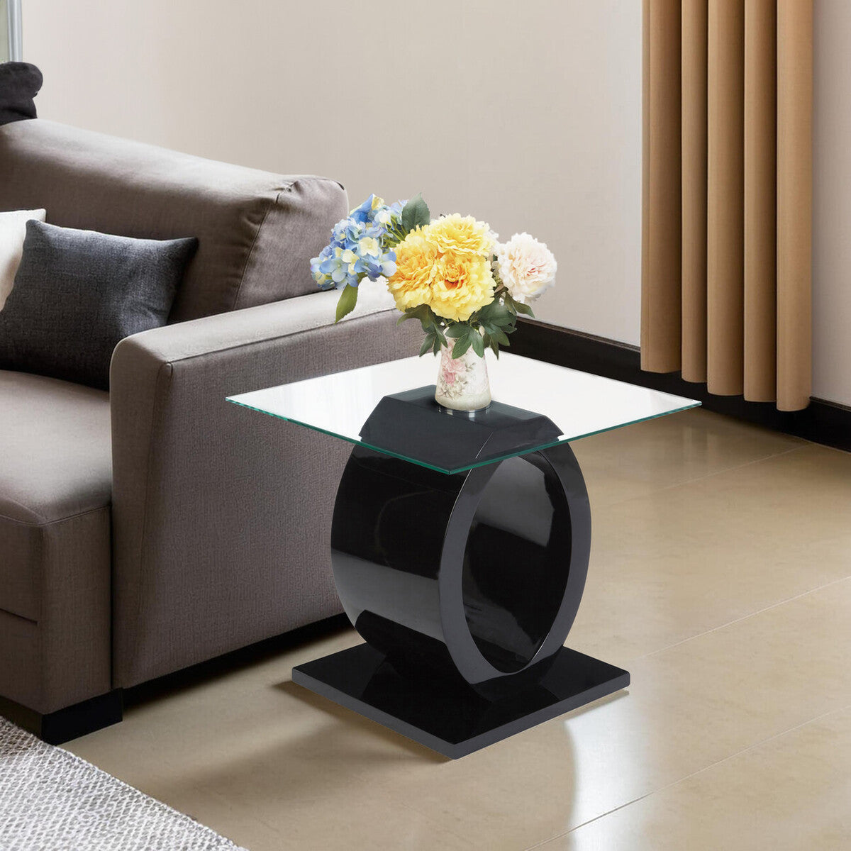 Tempered Glass Top O-Shaped Side Table with Black MDF Base, Halo