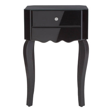 Black side table with a drawer on a white background