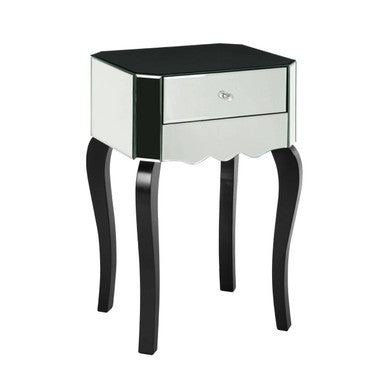 Mirrored side table with black legs on a white background