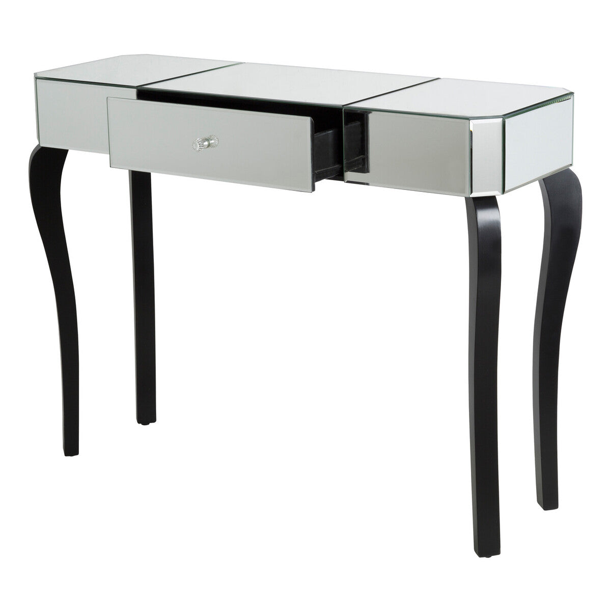 Mirrored console table with black legs on a white background