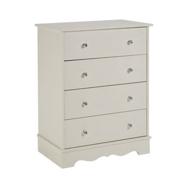 White dresser with four drawers on a white background
