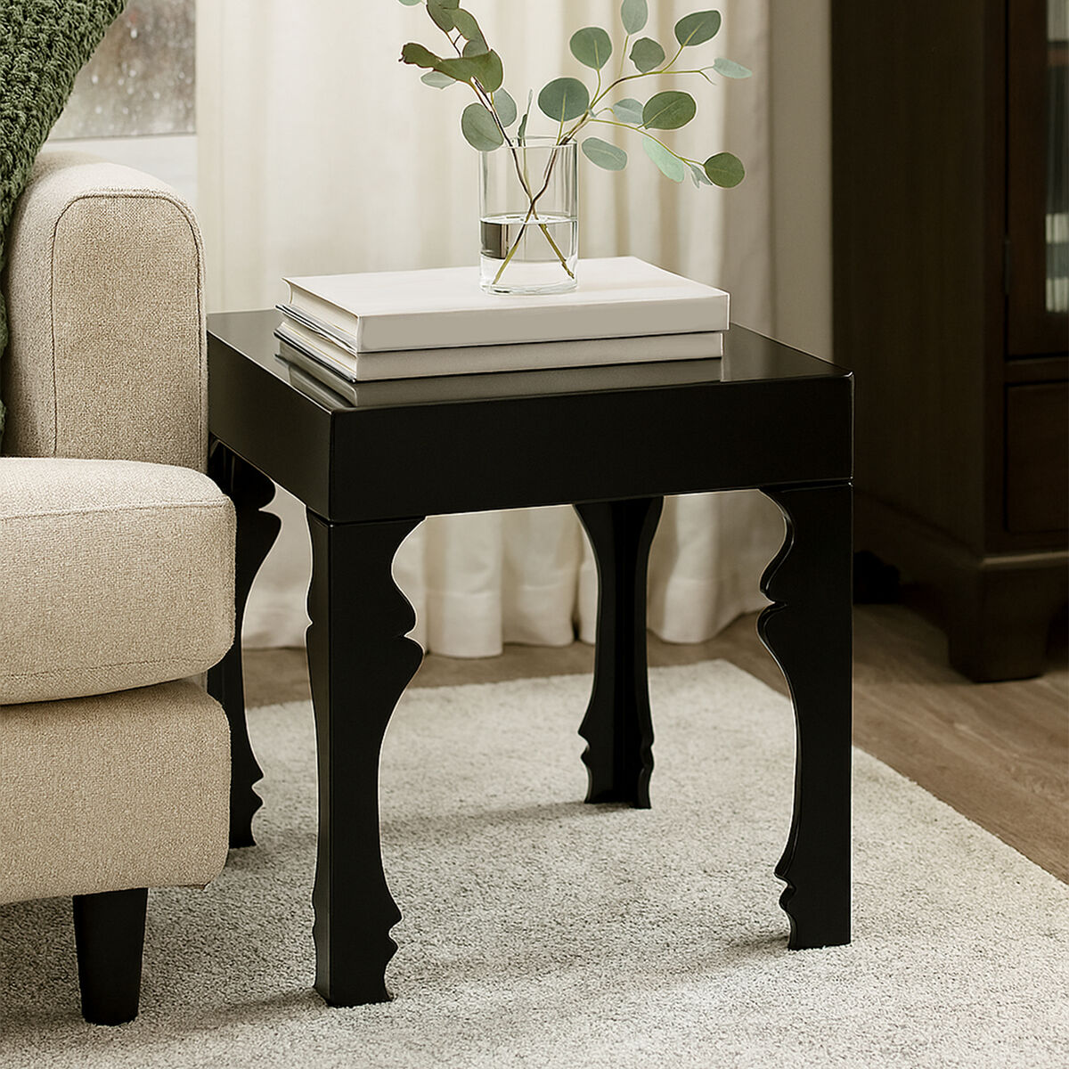 Black High Gloss MDF Side Table with Decorative Shaped Curved Legs, Luis