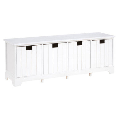 White storage bench with four doors on a white background