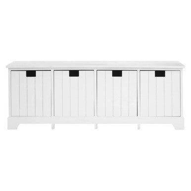 White storage bench with four black rectangular compartments on a white background