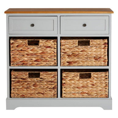 Gray dresser with four drawers, each containing a woven basket, on a white background.