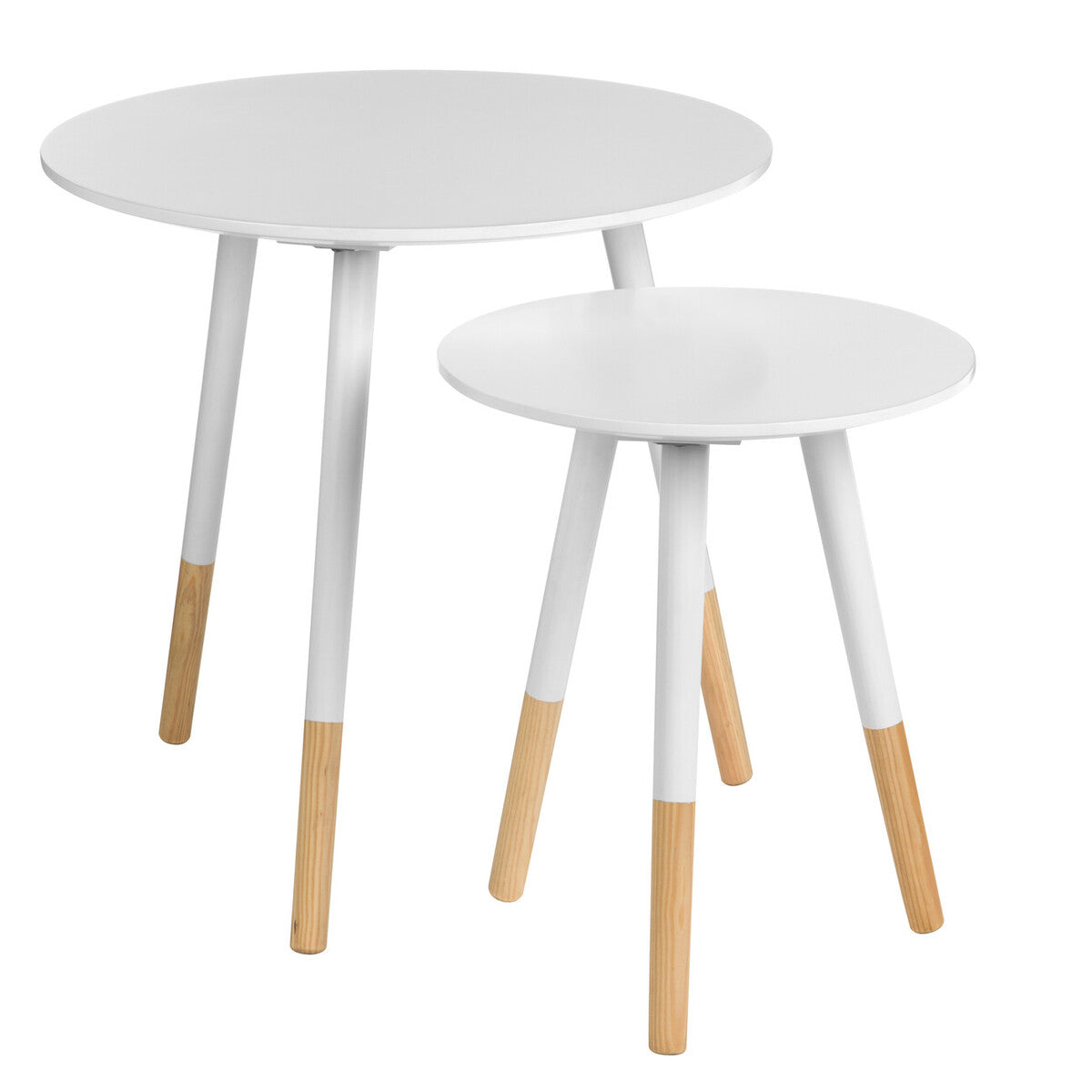 Set of 2 White Bamboo Round Nesting Side Tables with Natural Wood Legs, Viborg