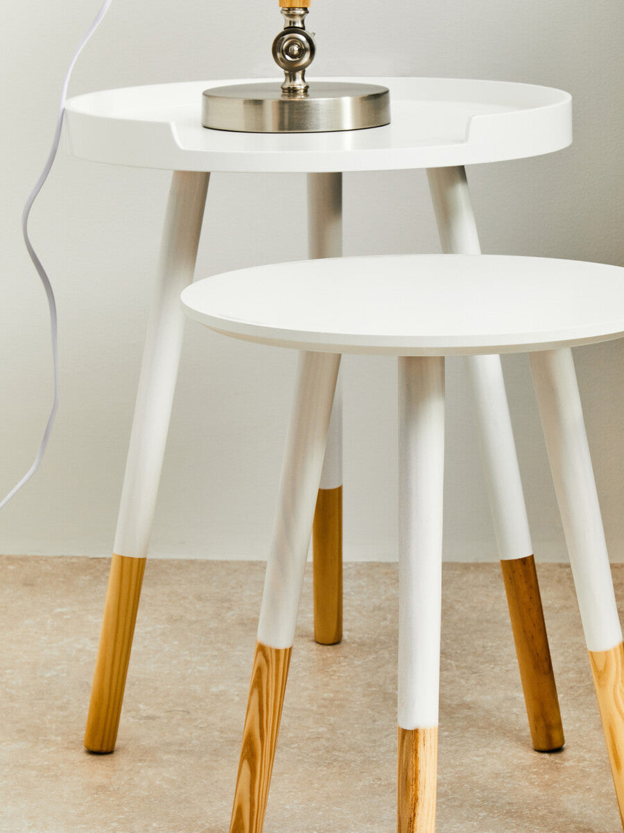 Set of 2 White Bamboo Round Nesting Side Tables with Natural Wood Legs, Viborg