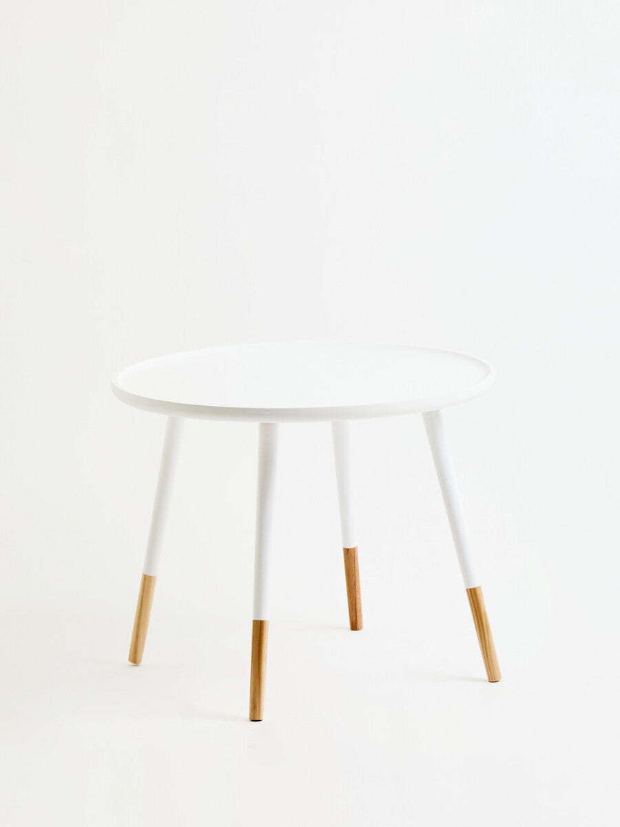 White Small Round Side Table with Natural Wood Effect Feet, Viborg