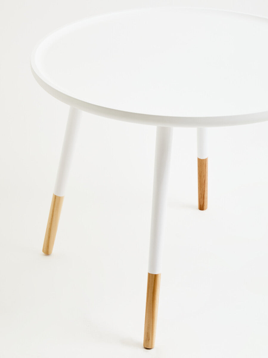 White Small Round Side Table with Natural Wood Effect Feet, Viborg