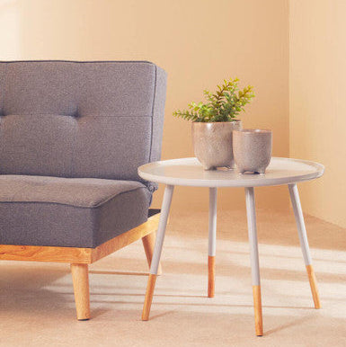 Gray sofa with a small round table and two potted plants on a beige background
