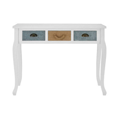 White console table with three colorful drawers on a white background