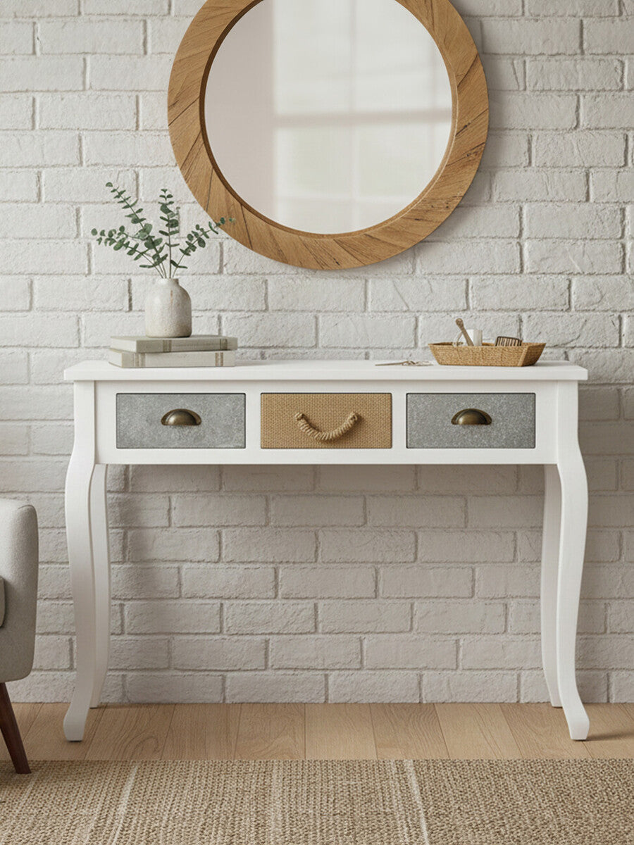 White Coastal Pinewood Console Table with Mix Material Drawer Fronts, Weymouth
