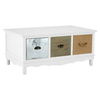 White coffee table with three colored drawers on a white background