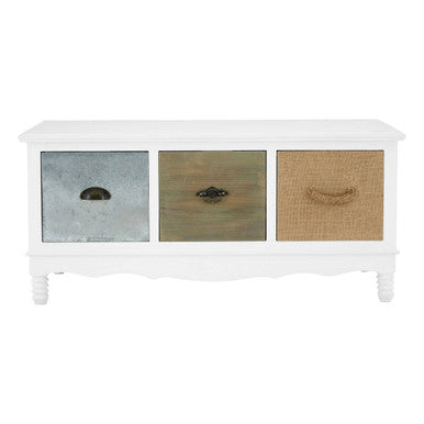 White cabinet with three colored drawers on a white background
