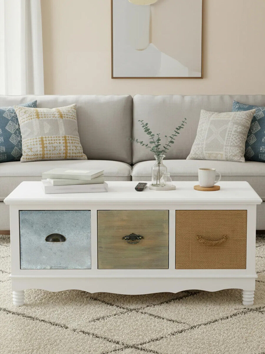 White and Natural Storage Rectangular Coffee Table with 3 Drawers, Weymouth