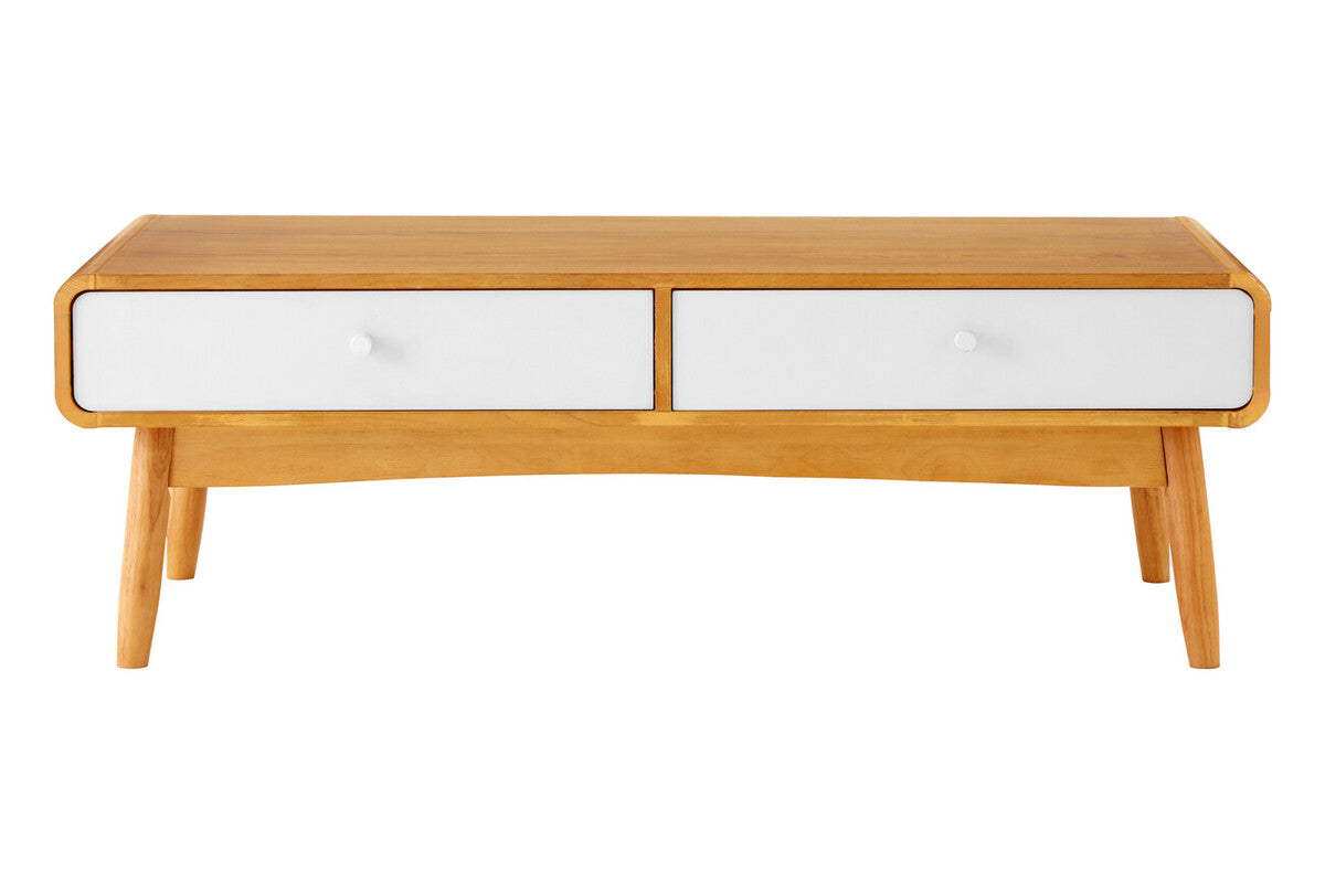 Wooden bench with white cushioned seats on a white background