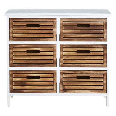 Wooden dresser with six drawers on a white background