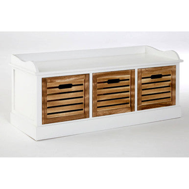 White storage bench with wooden drawers on a white background