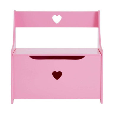 Pink toy box with heart designs on a white background