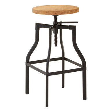 Bar stool with wooden seat and black metal frame on a white background