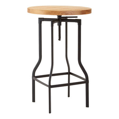 Bar stool with wooden top and black metal frame on a white background