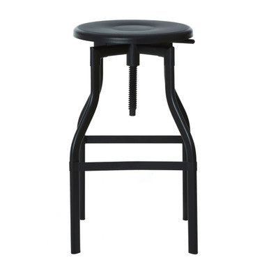 Black bar stool with a round seat on a white background