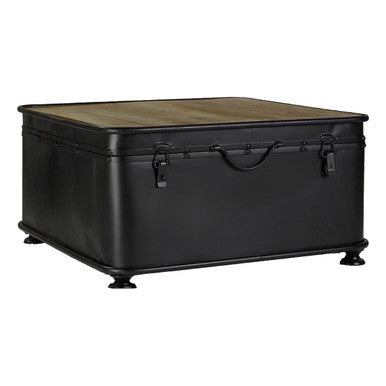 Black leather storage trunk with wooden top on a white background