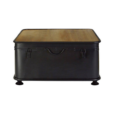 Black metal trunk with a wooden top on a white background