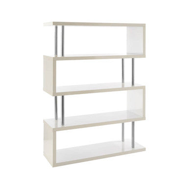 White bookshelf with four shelves on a white background