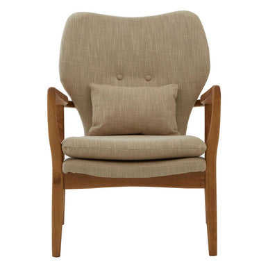 Beige armchair with wooden frame and matching cushions on a white background
