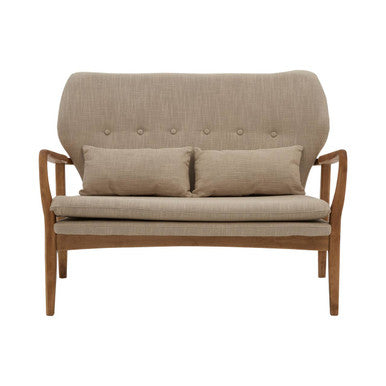 Beige sofa with wooden armrests and legs on a white background