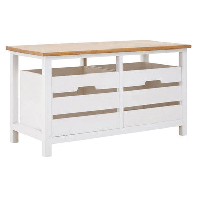 White dresser with wooden top on a white background