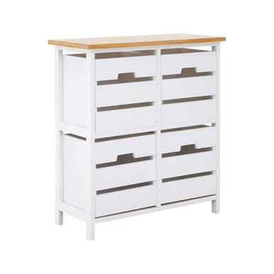 White dresser with wooden top on a white background