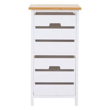 White cabinet with wooden top on a white background