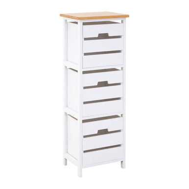 White tall drawer unit with a wooden top on a white background
