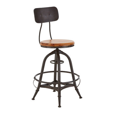 Bar stool with wooden seat and metal frame on a white background