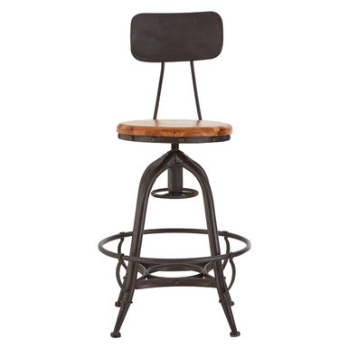 Bar stool with wooden seat and metal frame on a white background
