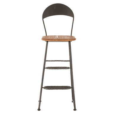 Bar stool with metal frame and woven seat on a white background